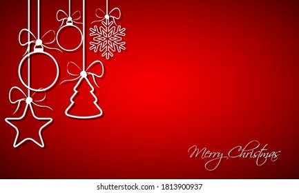 Red Christmas background with christmas balls, snowflake and star. Holiday greeting card with merry christmas sign. Happy new year vector iilustration