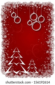 Red Christmas background with balls and tree. Vector illustration.