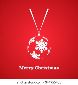 Red Christmas background with Christmas balls with white snowflakes hanging on the white ribbon with white writing Merry Christmas on a red background