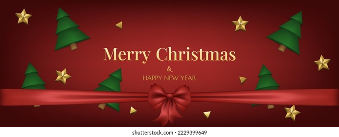 Red Christmas background banner decorated with 3d realistic carved golden stars, pine trees, bow. Horizontal gorgeous Christmas card. Winter season flyer Merry Christmas and New Year.