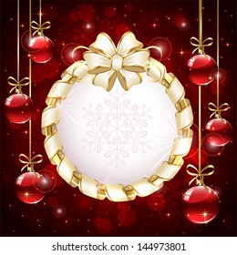 Red Christmas background with beige bow and red baubles, snowflakes and baubles, illustration.