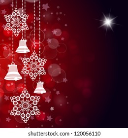 Red christmas background with bells and stars. Vector