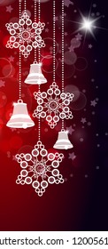 Red christmas background with bells and stars. Vector