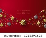 Red Christmas Background with Border made of Cutout Gold Foil Stars and Silver Snowflakes. Chic Christmas Greeting Card.