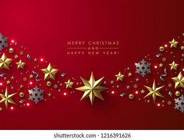 Red Christmas Background with Border made of Cutout Gold Foil Stars and Silver Snowflakes. Chic Christmas Greeting Card.