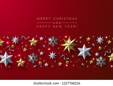 Red Christmas Background with Border made of Cutout Gold Foil Stars and Silver Snowflakes. Chic Christmas Greeting Card.