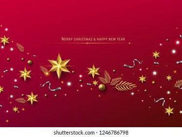 Red Christmas Background with Border made of Cutout Gold Foil Stars and Silver Snowflakes. Chic Christmas Greeting Card.