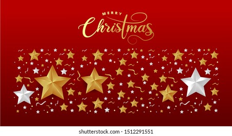 Red Christmas Background with Border made of Cutout Gold Foil Stars. Chic Christmas Greeting Card.