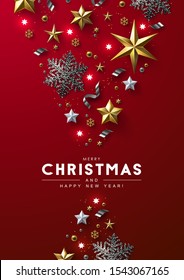 Red Christmas Background with Border made of Cutout Gold Foil Stars and Silver Snowflakes. Chic Christmas Greeting Card.