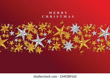 Red Christmas Background with Border made of Cutout Gold and Silver Foil Stars. Chic Christmas Greeting Card.