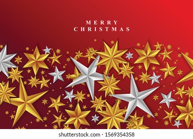 Red Christmas Background with Border made of Cutout Gold and Silver Foil Stars. Chic Christmas Greeting Card.