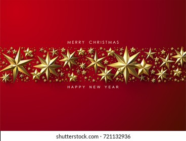 Red Christmas Background With Border Made Of Cutout Gold Foil Stars. Chic Christmas Greeting Card.