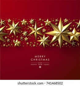 Red Christmas Background with Border made of Cutout Gold Foil Stars. Chic Christmas Greeting Card. Red Christmas Background with Border made of Cutout Gold Foil Stars. Chic Christmas Greeting Card.