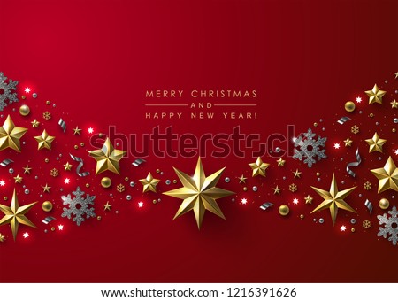 Red Christmas Background with Border made of Cutout Gold Foil Stars and Silver Snowflakes. Chic Christmas Greeting Card.