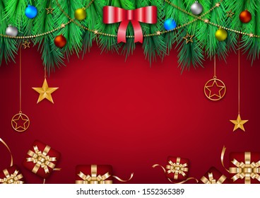 Red Christmas background with border of pine tree, gift boxes, gold stars, ribbons, decorative ball.Merry Christmas and happy new year concept vector art, illustration. 