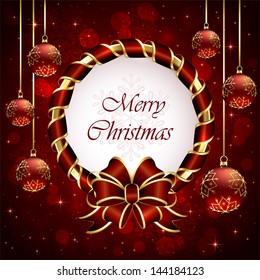 Red Christmas background with bow, snowflakes and baubles, illustration.