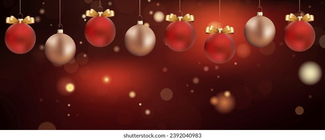 Red Christmas background with red and brown balls and copy space for text. Festive beautiful red New Year background with glare and lights. Vector illustration for poster, card, banner, print design.