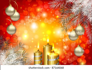 Red Christmas background with burning candles and Christmas bauble