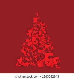 Red Christmas Background with Candies, baubles, socks, bells, snowflakes and gift boxes
