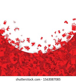 Red Christmas Background with Candies, baubles, socks, bells, snowflakes and gift boxes
