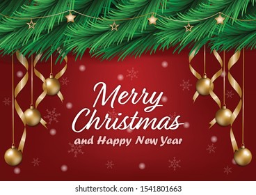 Red Christmas background decorate with pine leaves and gold balls and stars.Festival and celebration poster, advertising banner design.