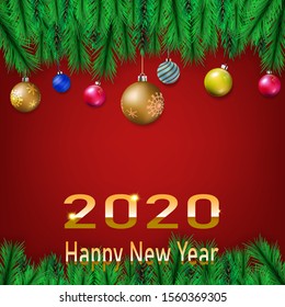Red Christmas background decorate with pine leaves and Christmas balls with 2020 happy new year golden text .Festival and celebration card, advertising banner design