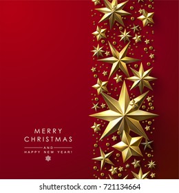  Red Christmas Background Decorated with Cutout Gold Stars. Chic Christmas Greeting Card.