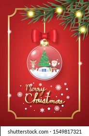 Red christmas background decorated with christmas tree, gift, santa and deer in Crystal ball, pine leaf and ribbon for festival and celebration poster.Gold mery christmas message.