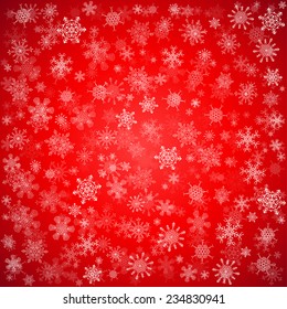 Red Christmas background with different snowflakes falling