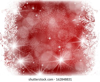 Red Christmas background with falling snow, lights and grunge  frame of snowflakes