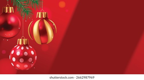 Red Christmas background featuring hanging baubles in gold and red with polka dots and pine branches. Ideal for holiday cards, banners, invites, and festive design themes.
