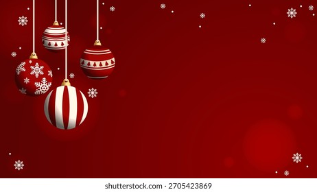 Red Christmas background featuring hanging ornaments with snowflakes in a modern festive style, ideal for holiday poster template, greeting card, packaging design, wallpaper