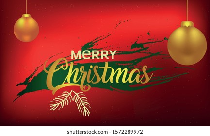 Red Christmas background with festive decoration and text - Merry Christmas and Greeting card