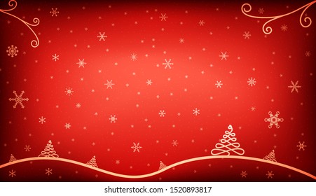 Red christmas background with few swirl-christmas trees in bright color with big and small snowflakes on the backdrop