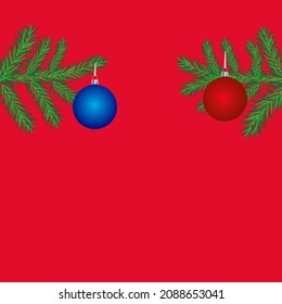 Red Christmas background with fir branches, red and blue balls. Illustration with clipping mask applied.