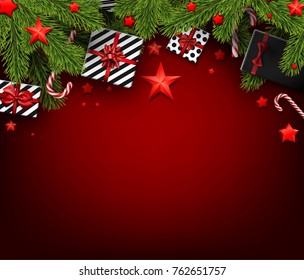 Red Christmas background with fir branches, gifts and stars. Vector top view illustration.