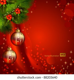 red Christmas background with fir tree and evening balls