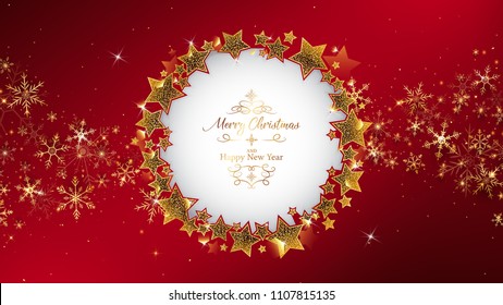 red christmas background frame rounding by star glitters,inside circle has die cut and some example luxury theme text,corner lay down by gold snowflakes and some glitters like spread out from center