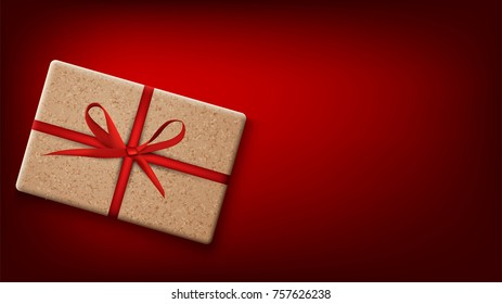Red Christmas background with gift box and bow. Vector top view illustration.