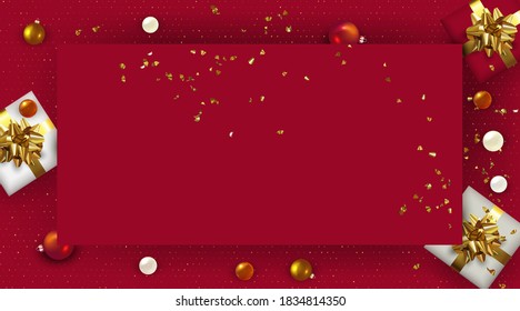 Roter Weihnachtshintergrund mit Geschenkbox und Weihnachtsdekoration. Leerzeichen kopieren