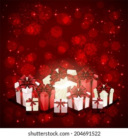 Red Christmas background with gift boxes, illustration.