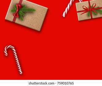 Red Christmas background with gifts and candy canes. Vector top view illustration.