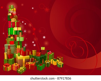 A red Christmas background with gifts corner element