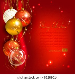 Red  Christmas Background With Gold And Red Evening Balls