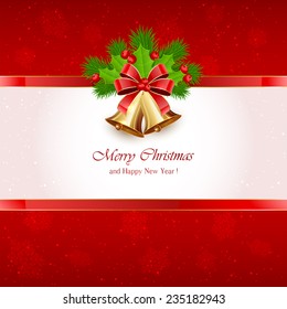 Red Christmas background with golden bells, red bow, Holly berries and fir tree branches, illustration.