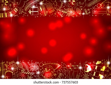 Red Christmas background with golden  borders made of doodles items related to the holiday.