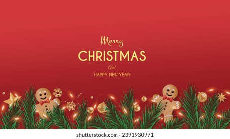 Red Christmas background with Golden Merry Christmas lettering and golden Christmas decorations