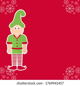 A red christmas background with a green elf and snow.