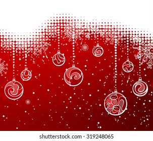 Red Christmas Background. Grunge vector background with snowflakes, Christmas balls and decorations. There is copy space for your text. 