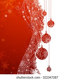 Red Christmas Background. Grunge vector background with snowflakes, Christmas balls and decorations. There is copy space for your text on red and white areas. 